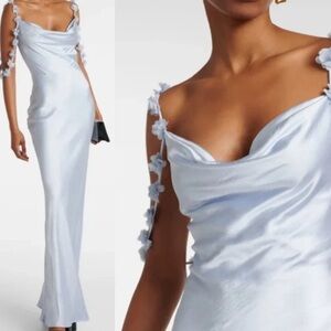 Caroline Constas Flower Applique Straps Satin Maxi Dress baby Blue M